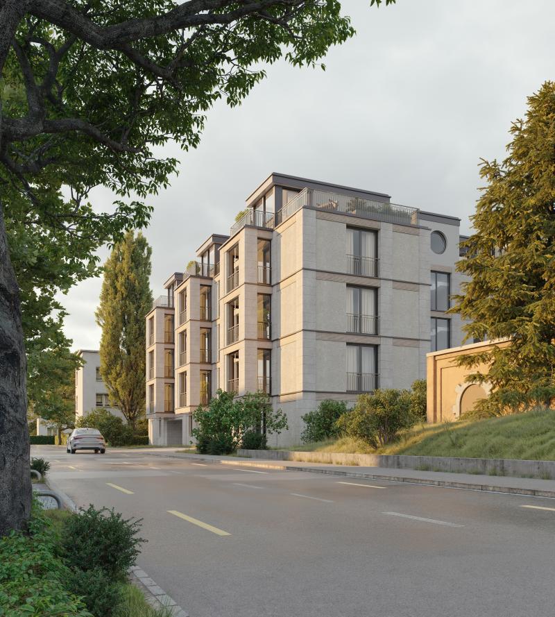 Modernes Mehrfamilienhaus an der Albisstrasse mit Fassade aus Naturstein und Holzelementen.
