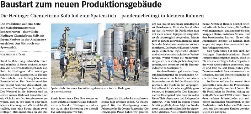 Screenshot eines Artikels zum Baustart des neuen Produktionsgebäudes der Hedinger Chemiefirma Kolb mit Baggerarbeiten auf der Baustelle.