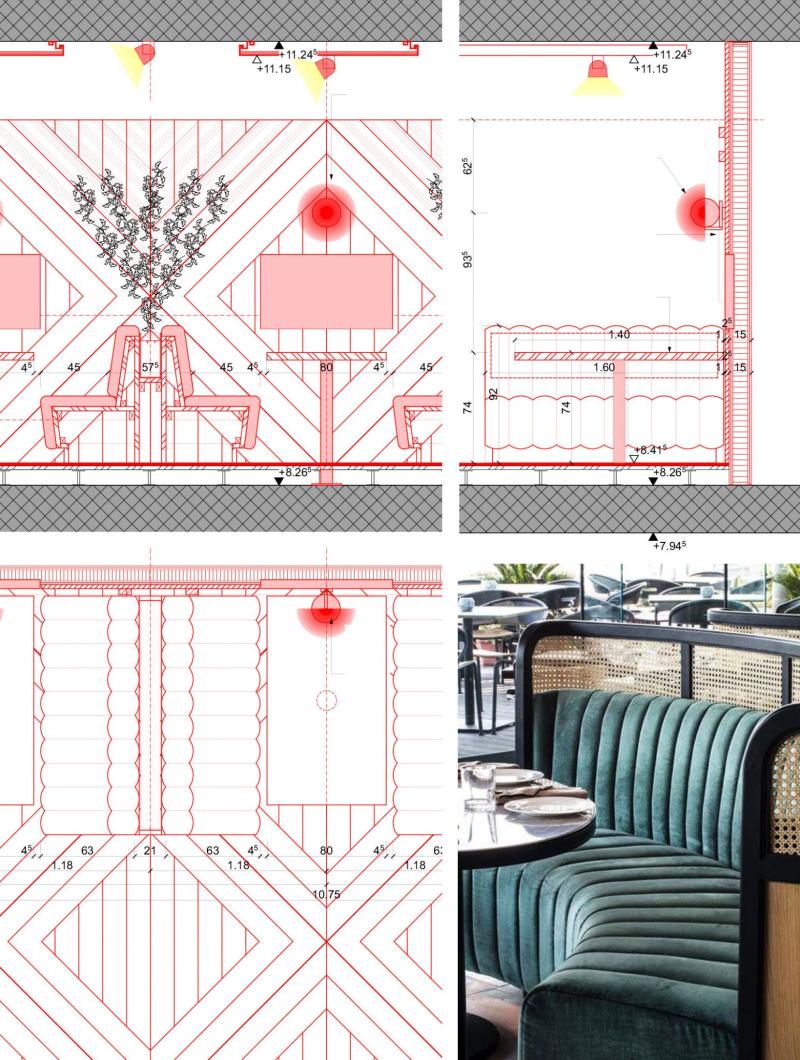 Architekturzeichnungen und Detailpläne für ein Innenausstattungsprojekt mit grünen Polstermöbeln.