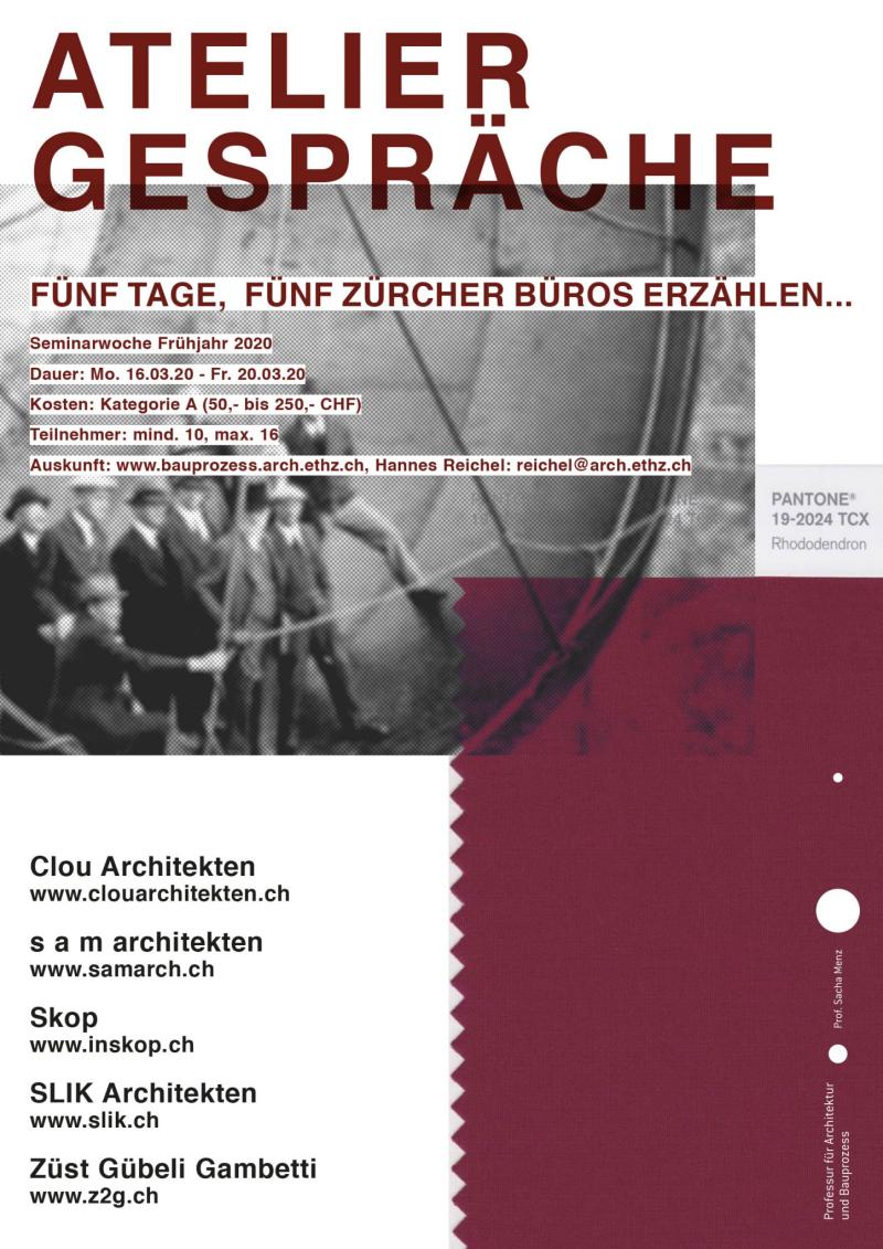 Plakat für ein Ateliergespräch über fünf Zürcher Bürogebäude mit Kontaktangaben von vier Architekturbüros.