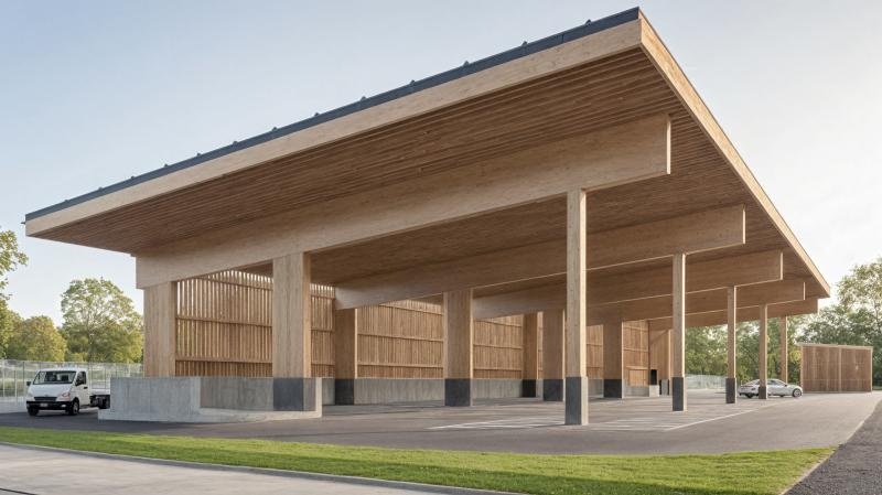 Moderne Recyclinganlage mit Holzfassade, Betonunterbau und offener Hallenkonstruktion unter freiem Himmel.