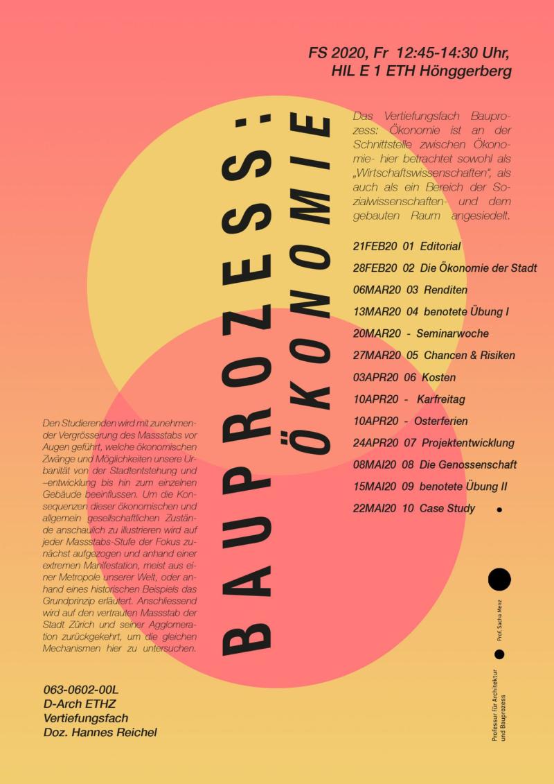 Plakat für den Bauprozess Ökonomieworkshop im Frühlingssemester 2020 an der ETH Hönggerberg.