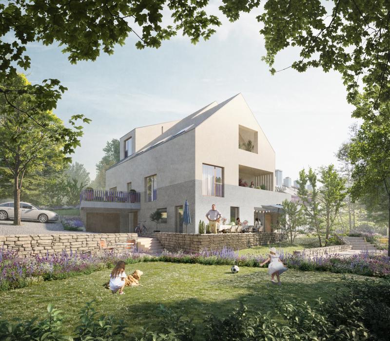 Modernes Wohnhaus mit Satteldach, umgeben von Grünflächen und Bäumen, mit Familie im Garten.