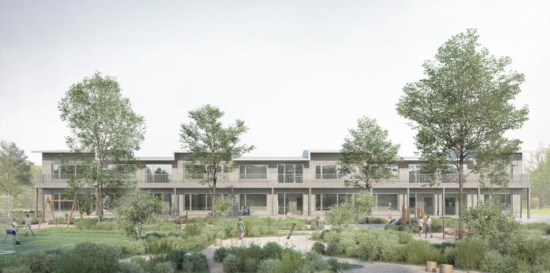 Holzbau eines fünffachen Kindergartens mit Hort an der Schulanlage Stock in Küttingen.