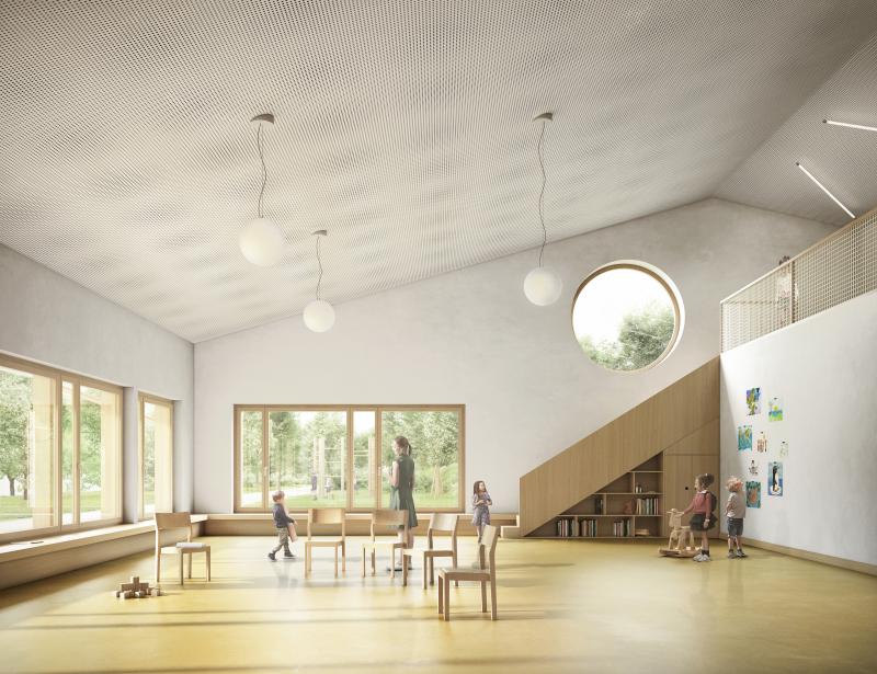 Heller Innenraum mit Holzboden, Fensterfront zum Außenbereich im Doppelkindergarten Letten.