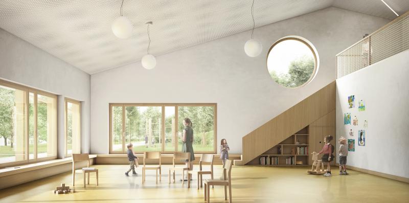 Heller Innenraum mit Holzboden, Fensterfront zum Außenbereich im Doppelkindergarten Letten.