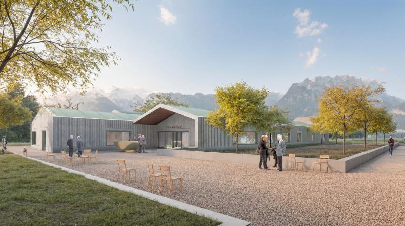 Architekturvisualisierung des Krematoriums Schoren auf dem Friedhof Thun mit modernem Flachbau und Vorplatz.