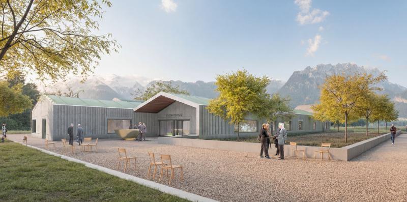 Architekturvisualisierung des Krematoriums Schoren auf dem Friedhof Thun mit modernem Flachbau und Vorplatz.