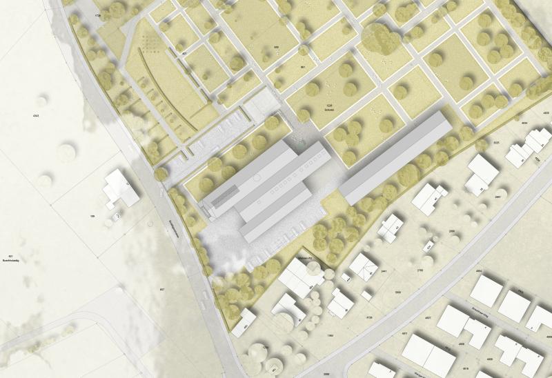 Lageplan des Krematoriums auf dem Schorenfriedhof Thun mit Gebäudekörper und umgebender Bepflanzung.