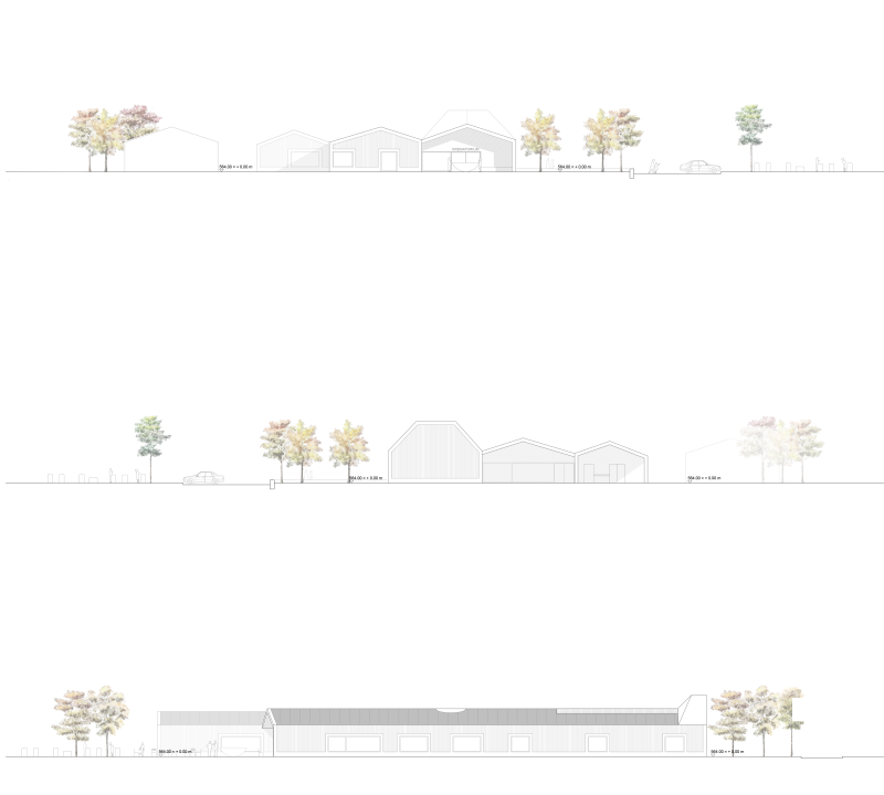 Drei Ansichten des Krematoriums Schoren auf dem Friedhof Thun mit Baumbestand und Gebäudesilhouette.