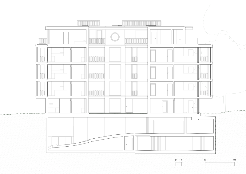 Schnitt durch ein Mehrfamilienhaus an der Albisstrasse in Wollishofen, Zürich.