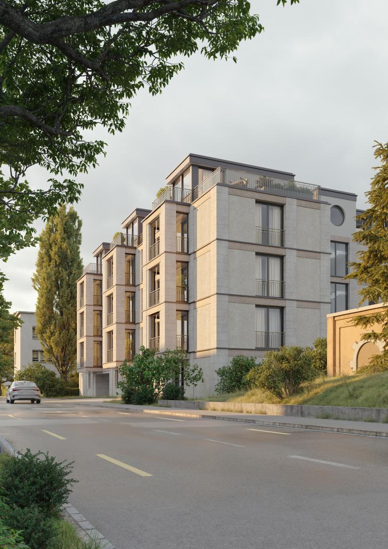 Mehrfamilienhaus an der Albisstrasse in Wollishofen mit Fassade in Creme und Grau, eingebettet in Grünraum.