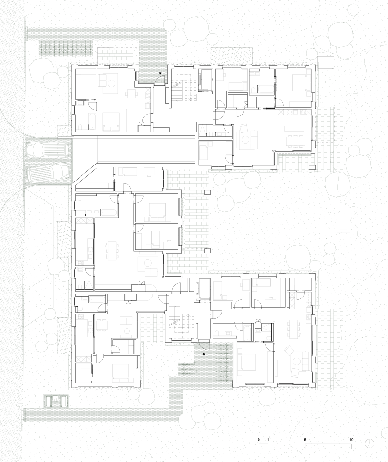 Grundriss Erdgeschoss eines Mehrfamilienhauses in der Albisstrasse 161 in Zürich-Wollishofen.
