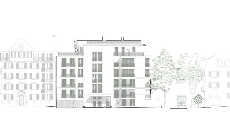 Straßenansicht eines Mehrfamilienhauses an der Weltistrasse im Quartier Enge.