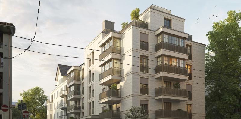 Mehrfamilienhaus Weltistrasse in Zürich mit vier Geschossen und Loggien an der Fassade.