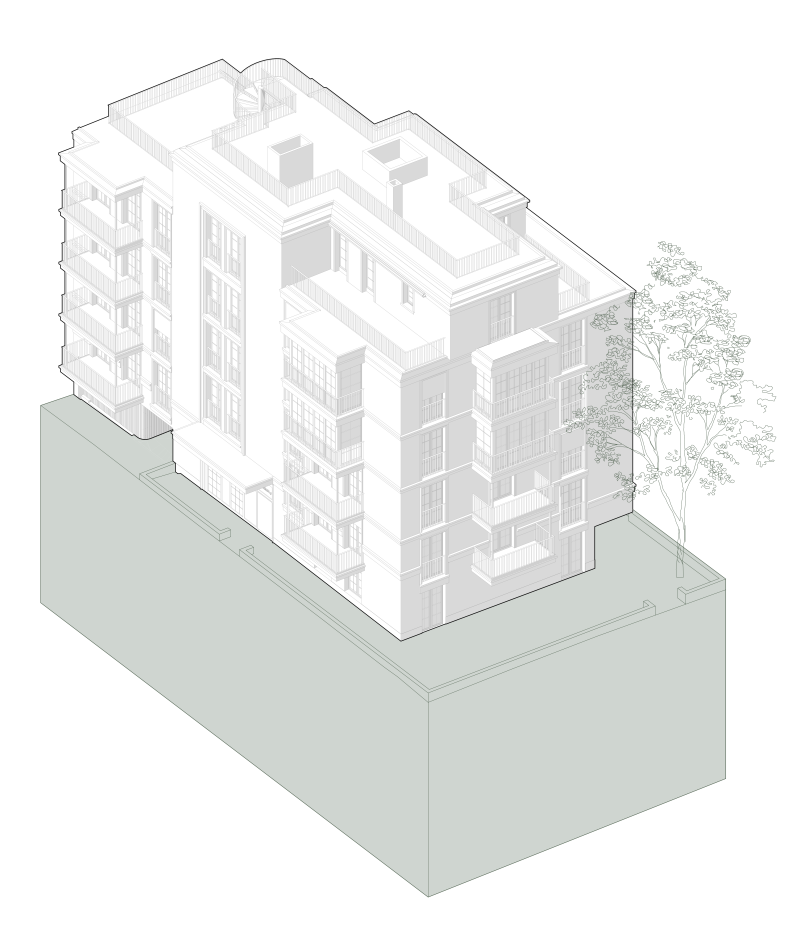 Isometrische Darstellung eines Mehrfamilienhauses an der Weltistrasse in Zürich mit Sockelbau und Grünflächengestaltung.