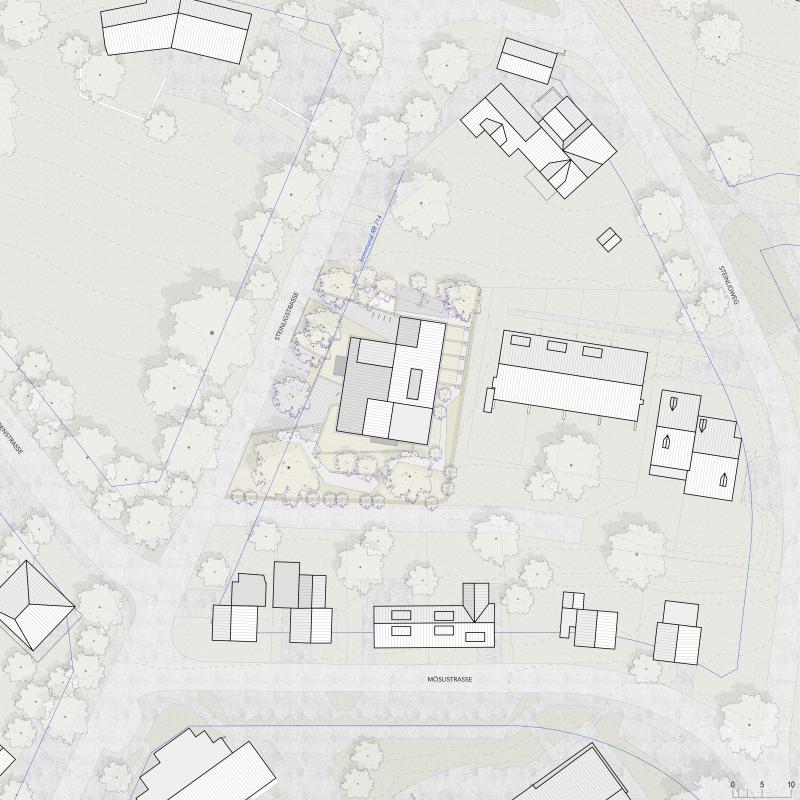 Lageplan des Neubaus Pfarrhaus Steinlig in Bassersdorf mit differenzierten Gebäudevolumen und Freiraumbereichen.