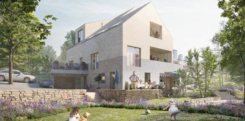 Neubau des Pfarrhauses Steinlig mit versetzten Volumen, Terrassen und Gartenbereichen in Bassersdorf.