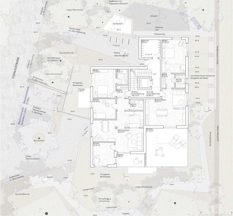 Grundriss Obergeschoss des Pfarrhauses Steinlig in Bassersdorf für die Reformierte Kirche Breite.