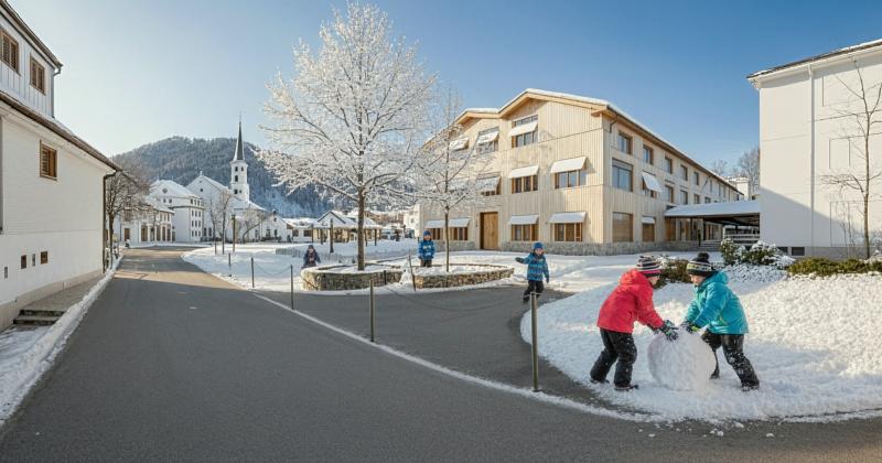 Schneebedeckter Platz mit spielenden Kindern vor Schulgebäuden der Primarschule Rothenthurm.