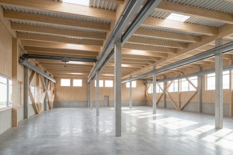 Leere Produktionshalle mit Holzkonstruktion und Betonstützen bei Sauter Bachmann AG im Glarner Tal.