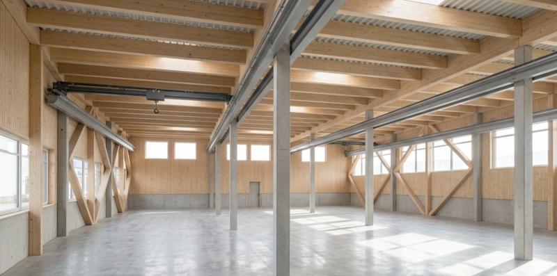 Leere Produktionshalle mit Holzkonstruktion und Betonstützen bei Sauter Bachmann AG im Glarner Tal.