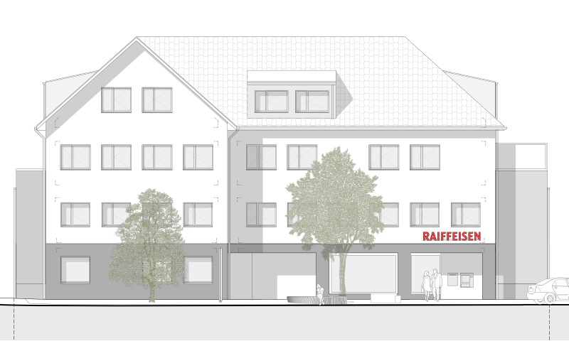 Nordansicht der Raiffeisenbank-Filiale Muotathal mit neuer Fassade und Wintergarten.