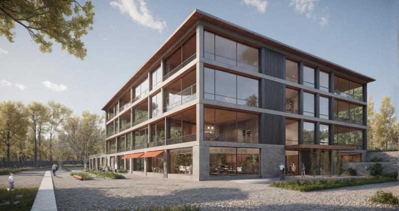 Moderner viergeschossiger Schulbau mit Glasfassaden und Holzdetails an der Lerchenhalde in Zürich-Affoltern.