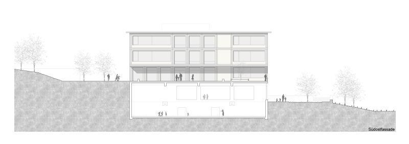 Südostfassade des Schulhauses an der Lerchenhalde in Affoltern mit Turnhallenbau und Unterrichtsgebäude.