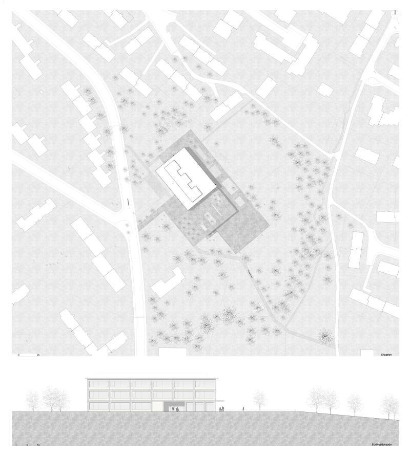 Lageplan der Schule Schauenberg in Zürich mit Turnhallenbau, Unterrichtsgebäude und öffentlichem Pausenplatz.