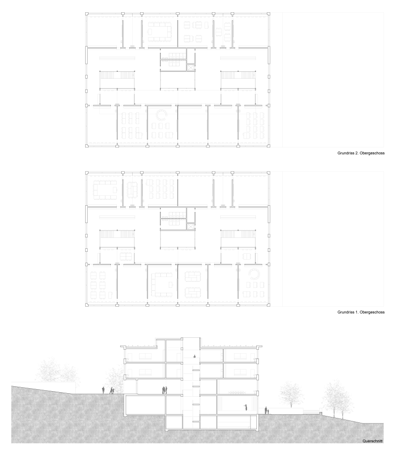 Grundrisse eines zweigeschossigen Schulhauses mit Turnhalle und Unterrichtsräumen in Affoltern.