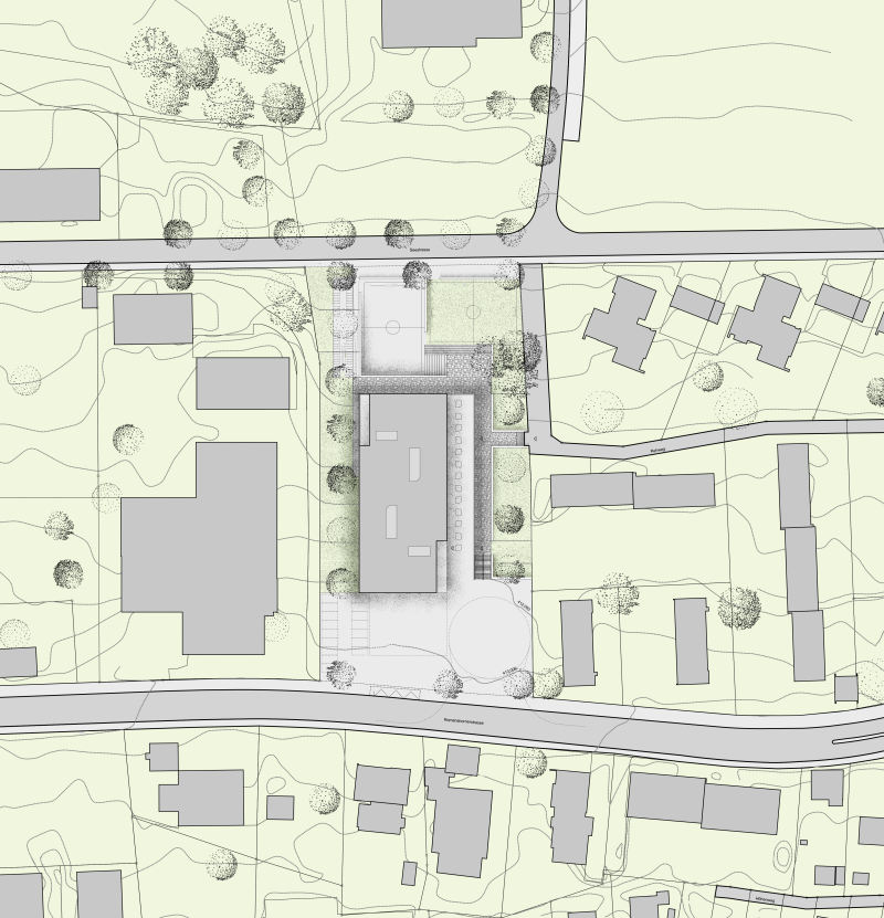 Lageplan der Schulanlage Seefeld in Arbon mit Gebäudevolumen und umgebender Bebauung.
