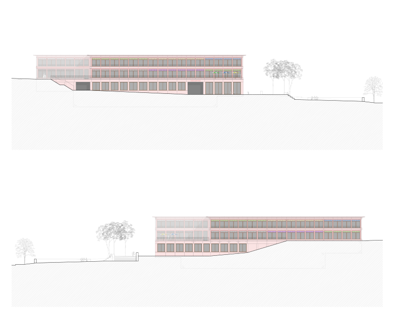 Schnitte der Schulanlage Seefeld in Arbon mit kompaktem Volumen und terrassierter Fassade.
