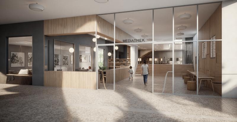 Eingangshalle der Schulanlage Seefeld in Arbon mit gläsernen Trennwänden und Mediathek.