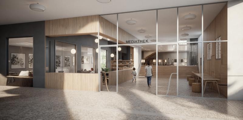 Eingangshalle der Schulanlage Seefeld in Arbon mit gläsernen Trennwänden und Mediathek.