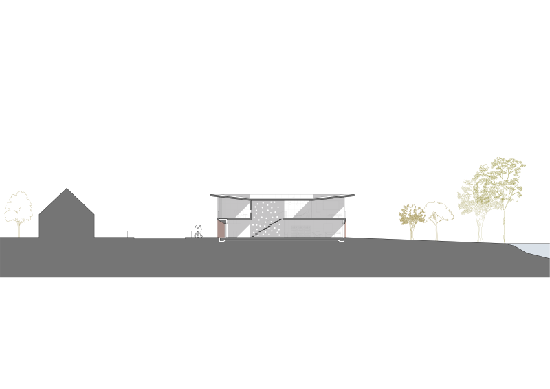 Schnitt durch eine zweigeschossige Doppelhaus-Villa am Baggersee mit Aussichtsplattform.