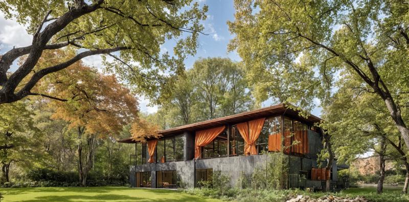 Doppelhaus-Villa an einem Baggersee in Norddeutschland mit Aussichtsplattform über dem Wasser.