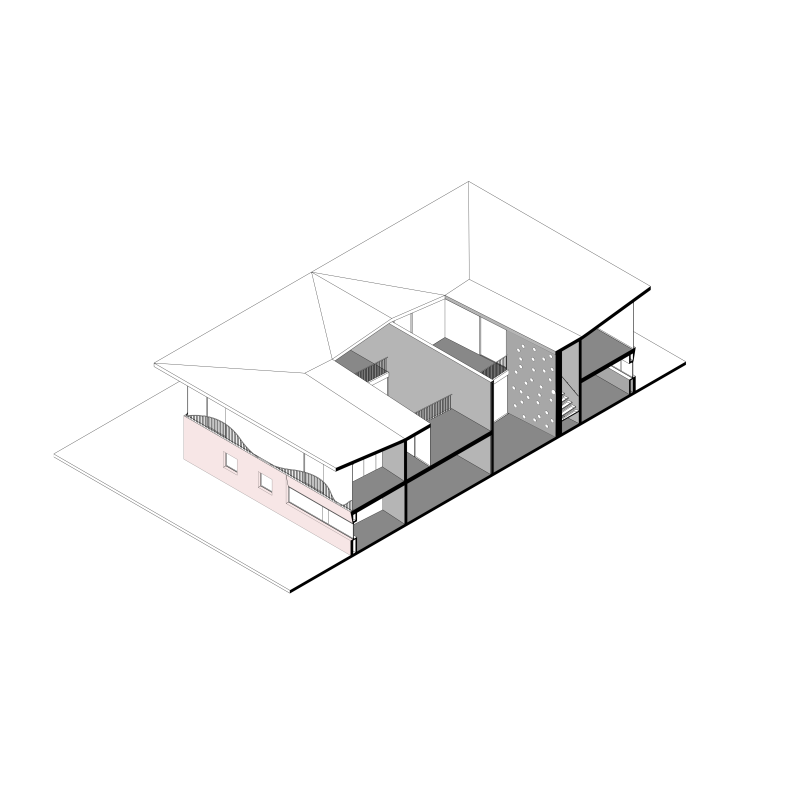 Isometrischer Schnitt einer Doppelhaus-Villa am Baggersee mit separaten Wohneinheiten und gemeinsamer Aussichtsplattform.
