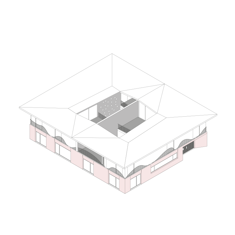 Axonometrische Darstellung einer Doppelhaus-Villa am Baggersee mit zentraler Aussichtsplattform.