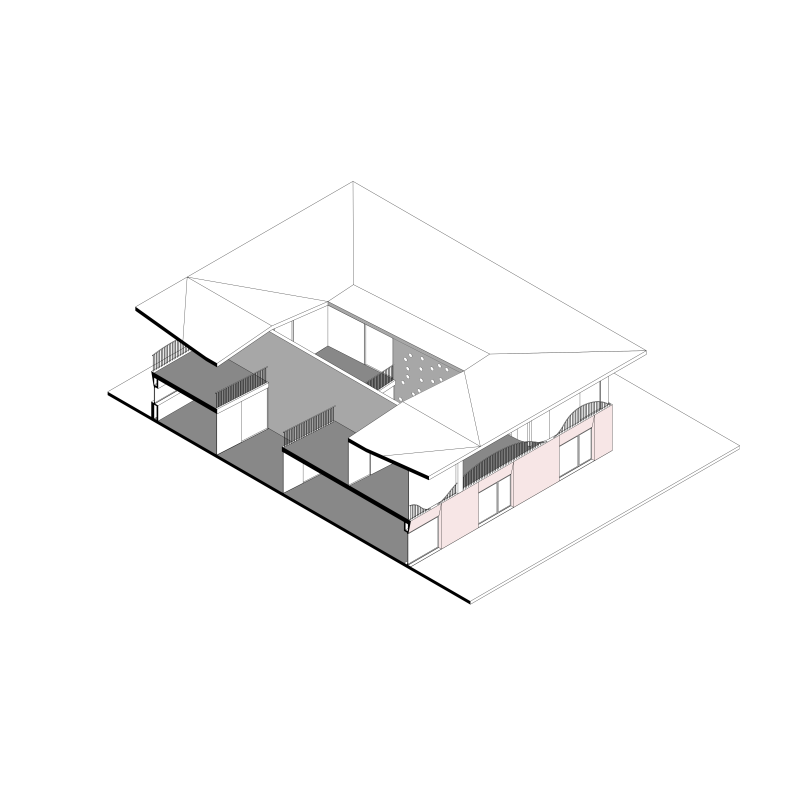 Isometrischer Schnitt durch eine Doppelhaus-Villa am Baggersee mit räumlicher Aufteilung der Wohn- und Funktionsbereiche.