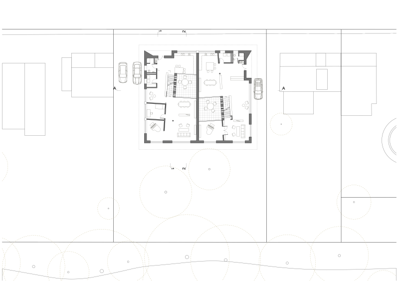 Grundriss Erdgeschoss einer Doppelhaus-Villa am Baggersee in Norddeutschland.