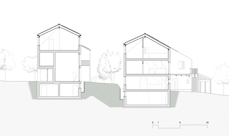 Schnitt durch das Doppelwohnprojekt Felsenhofstrasse in Adliswil mit Einfamilienhaus und Zweifamilienhaus.