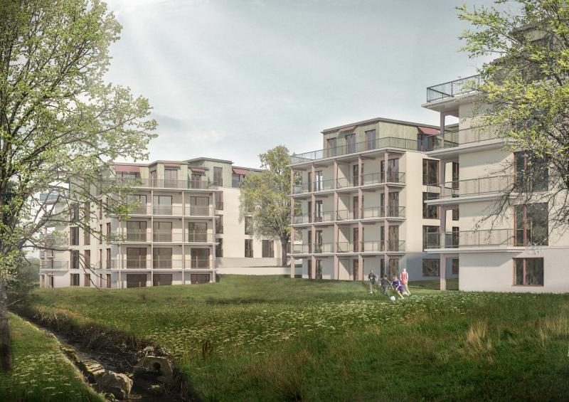 Wohnsiedlung mit sieben gestaffelten Gebäuden und Innenhof am nördlichen Ortsrand von Oetwil am See.