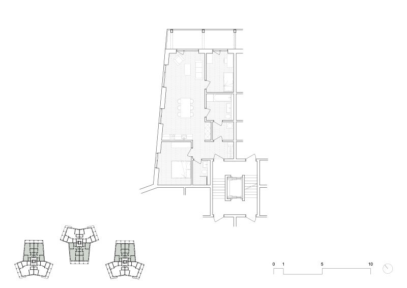 Grundrisse der Wohnüberbauung in Oetwil am See mit sieben gestaffelten Gebäuden und zentralem Innenhof.