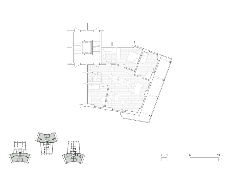 Grundrissplan der Wohnsiedlung Oetwil am See mit sieben gestaffelten Gebäuden um einen Innenhof.